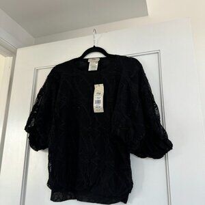 NWT Fuzzi Tunic Lace Blouse Top Black Dolman 3/4 Sleeve Ribbed Trim Size Small